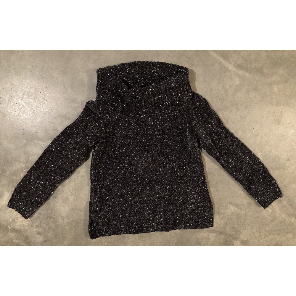 White House Black Market Womens Large Cowl Neck Sweater Black Metallic Chunky